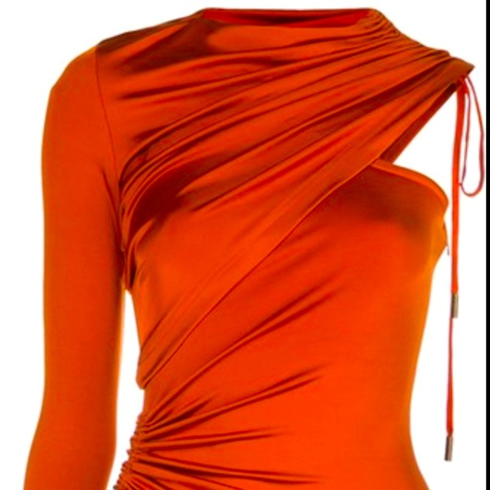 One shoulder dress. 1 of 2 (black or orange)Ruched, draped, asymmetrical